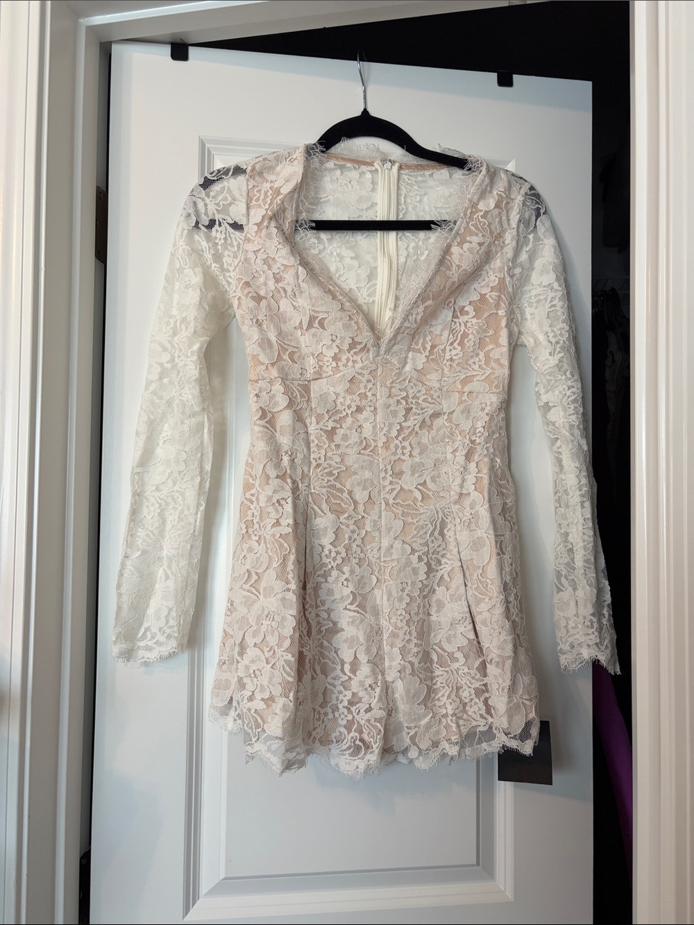 Lulu's White Lace Long Sleeve Romper with Nude Lining